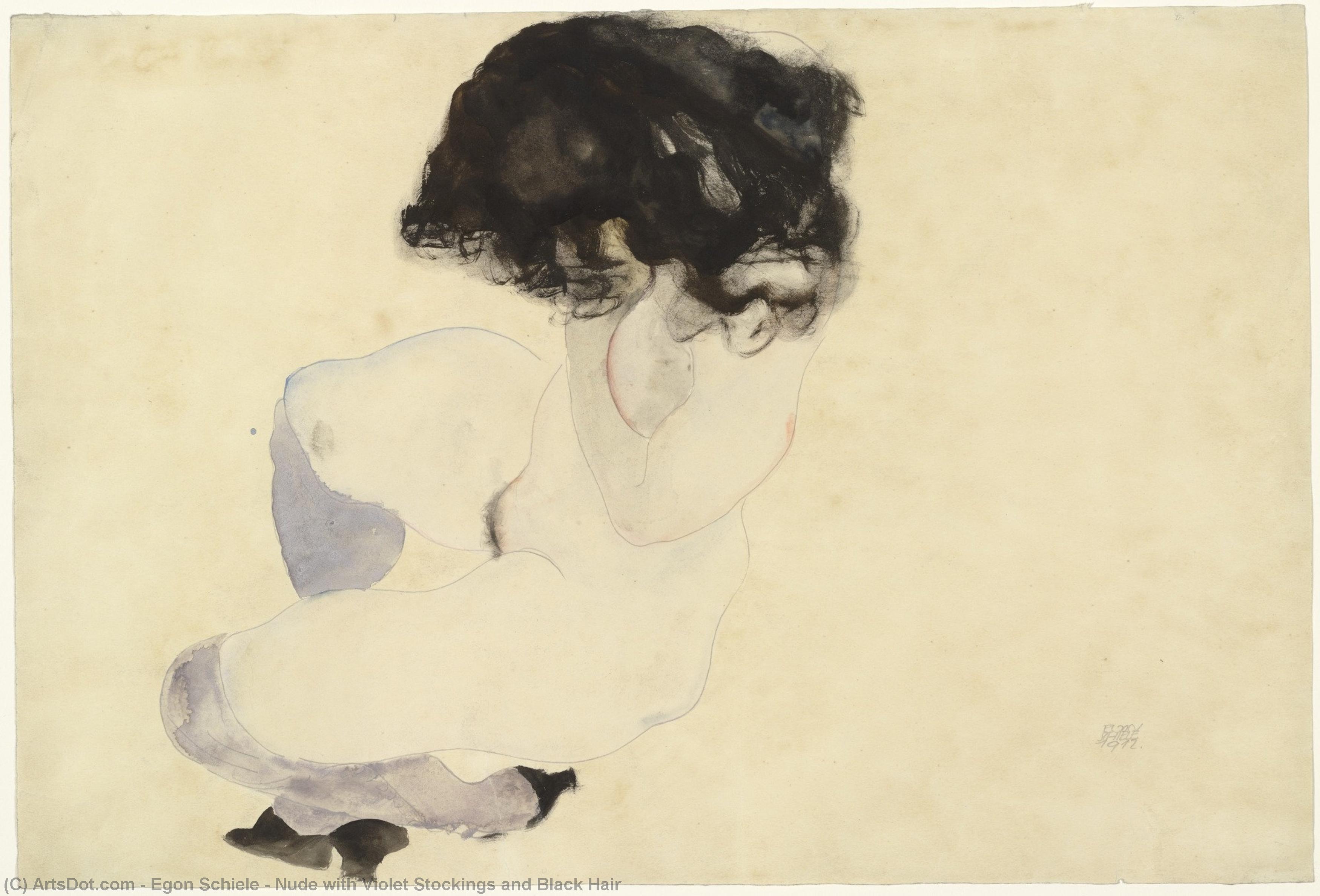 Wikioo.org - สารานุกรมวิจิตรศิลป์ - จิตรกรรม Egon Schiele - Nude with Violet Stockings and Black Hair