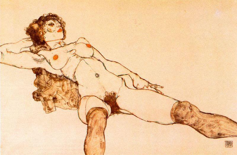 Wikioo.org - The Encyclopedia of Fine Arts - Painting, Artwork by Egon Schiele - Reclining Female Nude with Legs Spread Apart