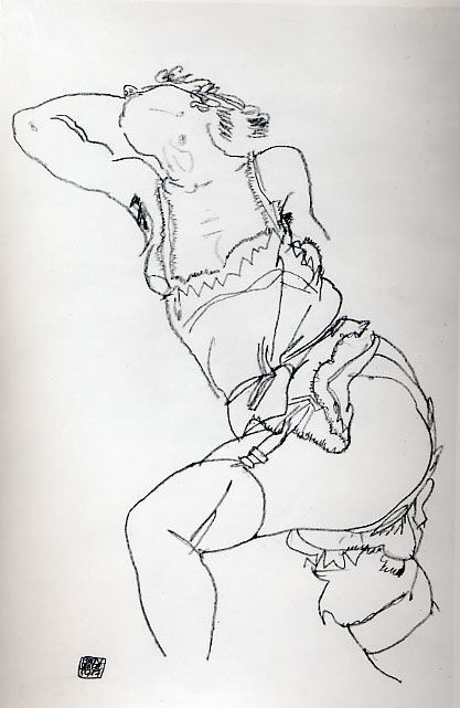 WikiOO.org - Encyclopedia of Fine Arts - Maleri, Artwork Egon Schiele - Reclining Model in Chemise and Stockings