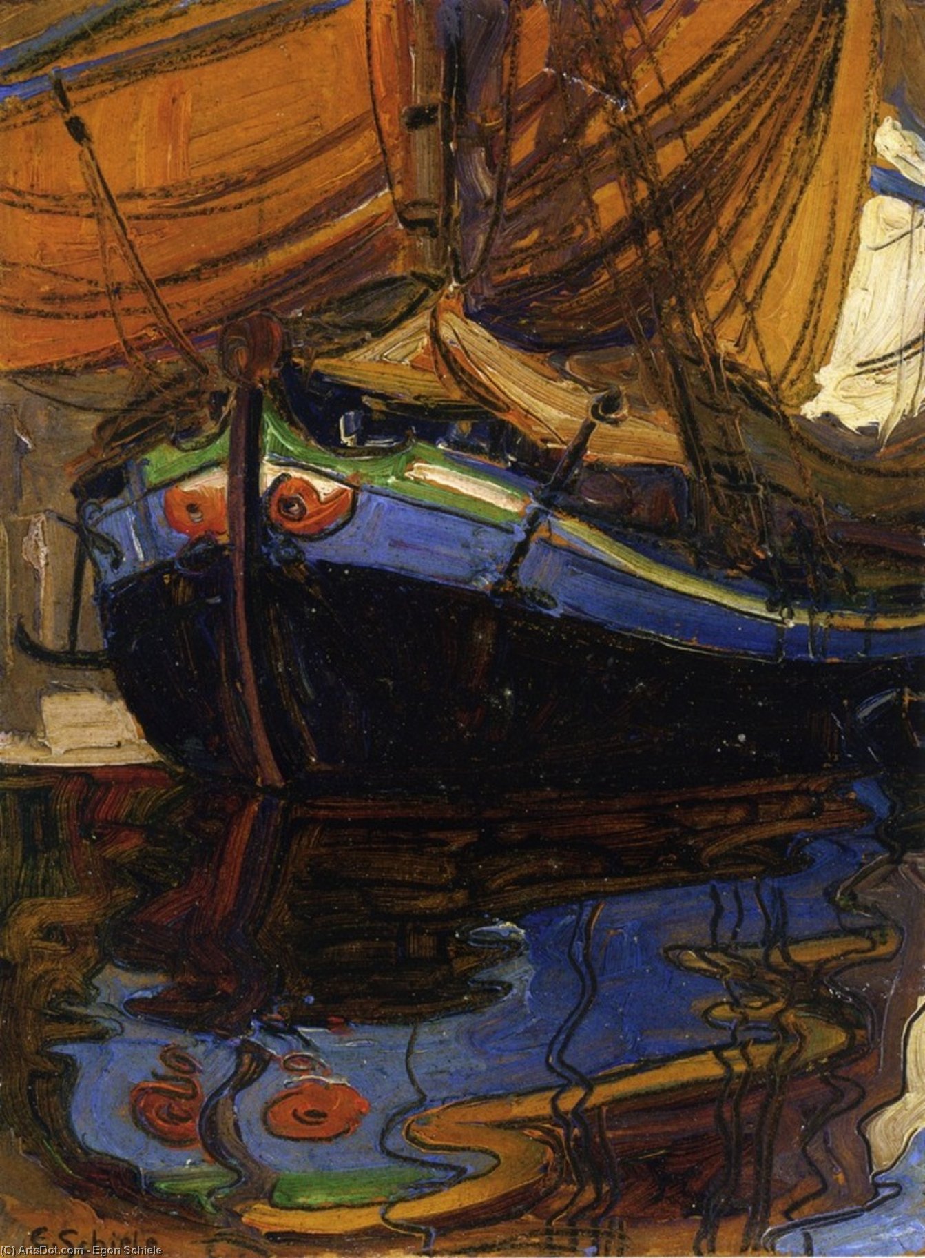 WikiOO.org - Encyclopedia of Fine Arts - Målning, konstverk Egon Schiele - Sailing Boat with Reflection in the Water