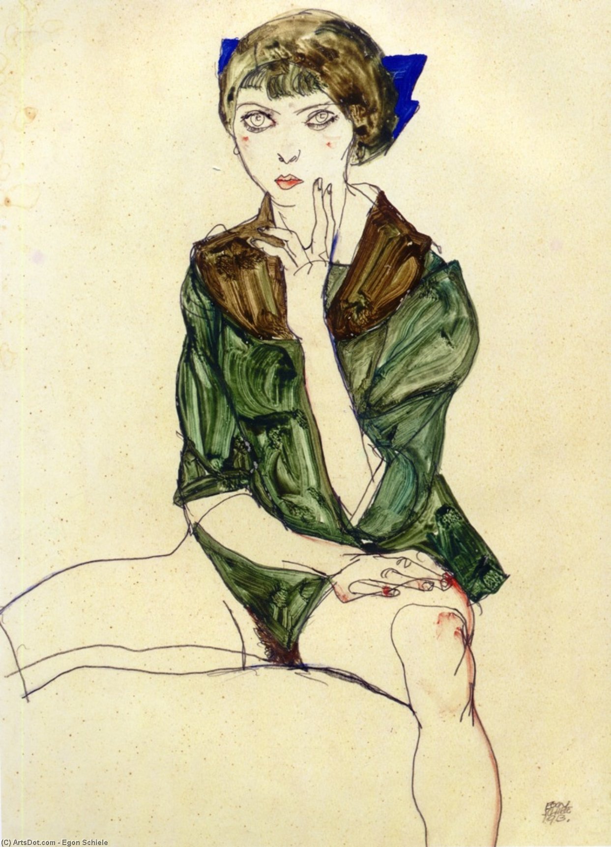 Wikioo.org - The Encyclopedia of Fine Arts - Painting, Artwork by Egon Schiele - Sitting Woman in a Green Blouse