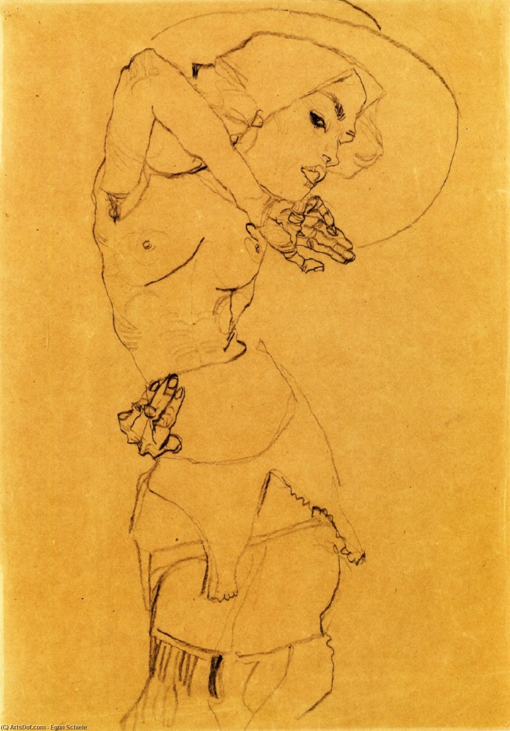 Wikioo.org - Bách khoa toàn thư về mỹ thuật - Vẽ tranh, Tác phẩm nghệ thuật Egon Schiele - Standing Nude with Large Hat (Gertrude Schiele)