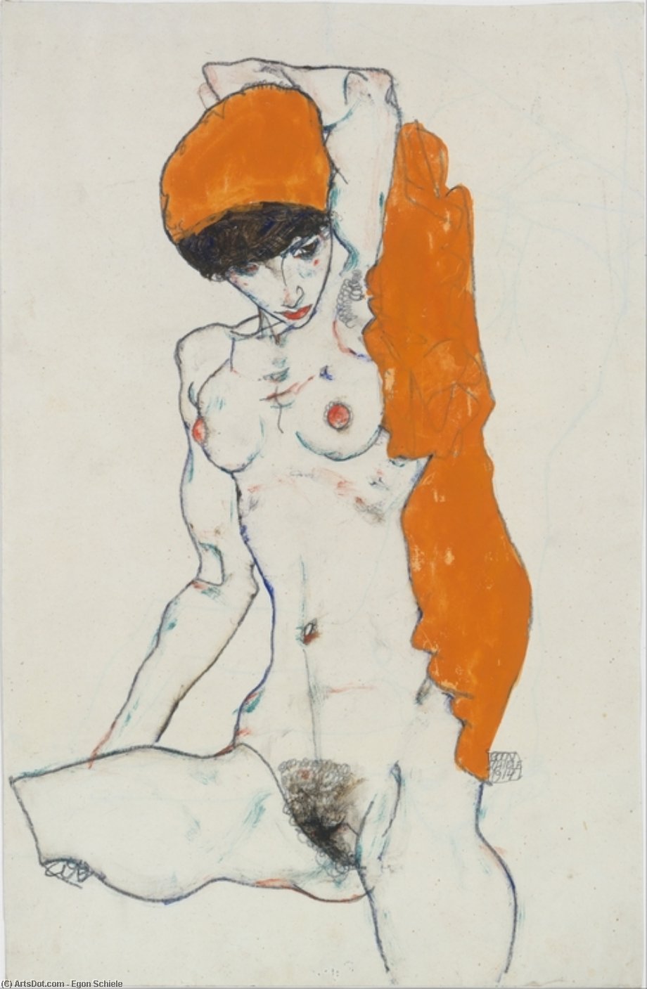 WikiOO.org - Encyclopedia of Fine Arts - Festés, Grafika Egon Schiele - Standing Nude with Orange Drapery