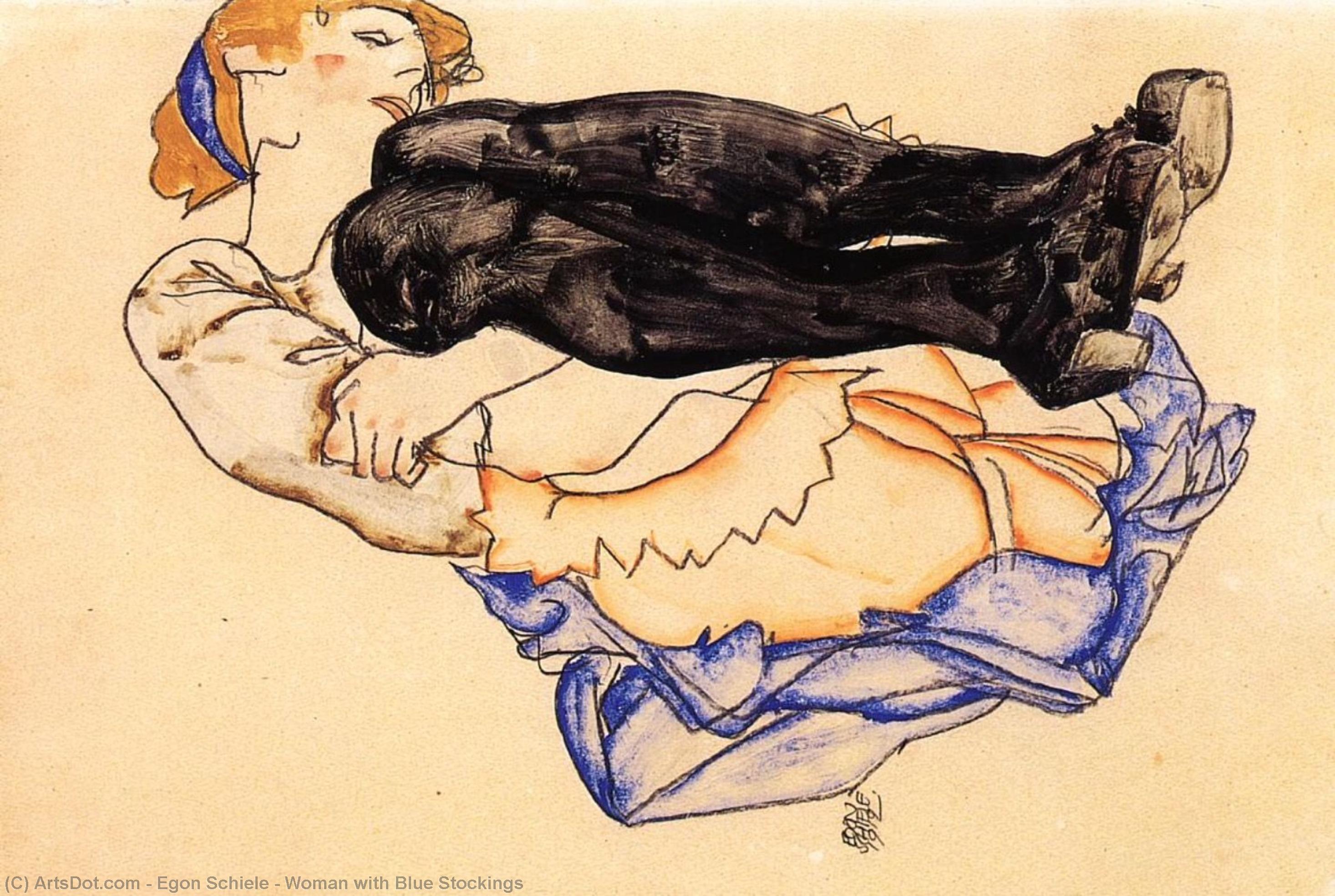 Wikioo.org - Bách khoa toàn thư về mỹ thuật - Vẽ tranh, Tác phẩm nghệ thuật Egon Schiele - Woman with Blue Stockings