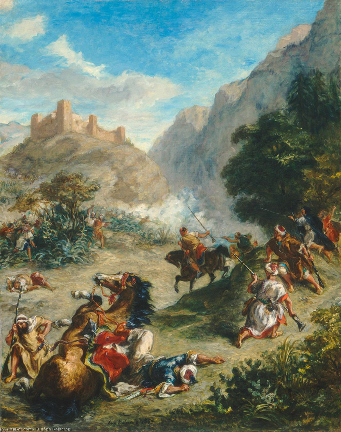 Wikioo.org – La Enciclopedia de las Bellas Artes - Pintura, Obras de arte de Eugène Delacroix - Árabes Escaramuza en las montañas