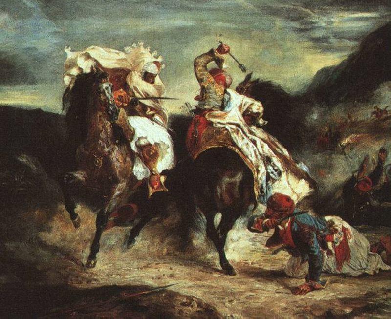 Wikioo.org - The Encyclopedia of Fine Arts - Painting, Artwork by Eugène Delacroix - Combat Between Giacour and Hassan in a Ravine