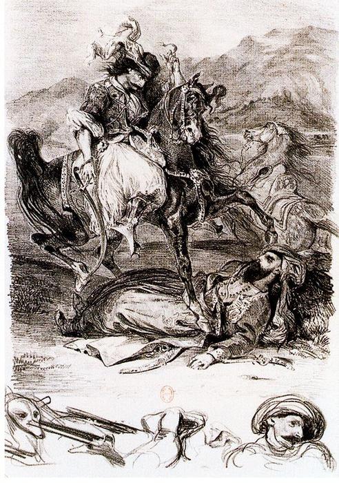 Wikioo.org - The Encyclopedia of Fine Arts - Painting, Artwork by Eugène Delacroix - El combate de Giaur con el Pachá