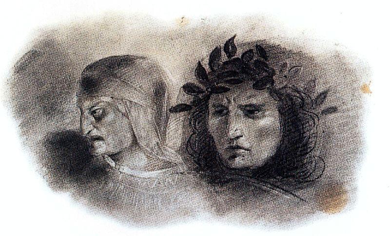 Wikioo.org - Encyklopedia Sztuk Pięknych - Malarstwo, Grafika Eugène Delacroix - Estudio para ''La barca de Dante; cabezas de Dante y Virgilio