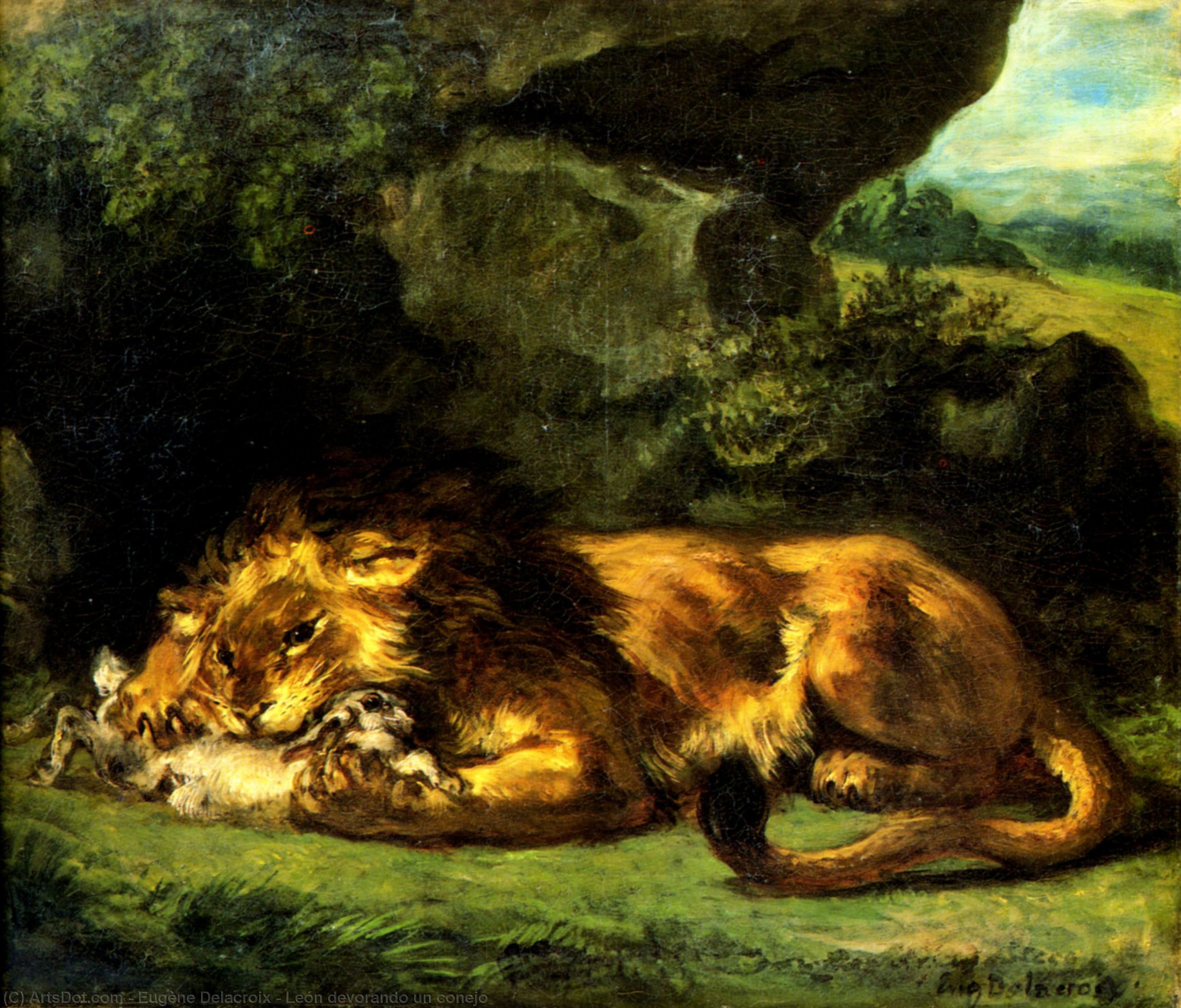 WikiOO.org - Encyclopedia of Fine Arts - Maleri, Artwork Eugène Delacroix - León devorando un conejo