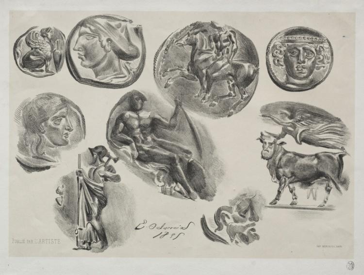 Wikioo.org - The Encyclopedia of Fine Arts - Painting, Artwork by Eugène Delacroix - Sheet with Nine Antique Medals