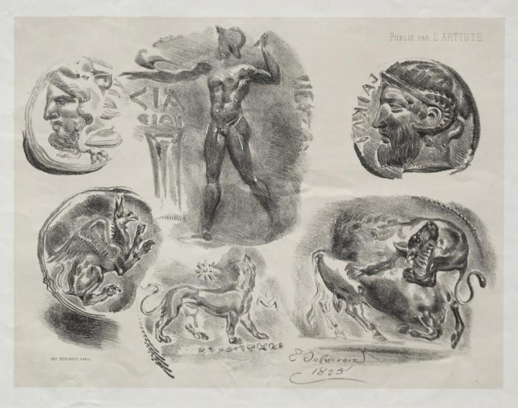 Wikioo.org - Encyklopedia Sztuk Pięknych - Malarstwo, Grafika Eugène Delacroix - Sheet with Six Antique Medals