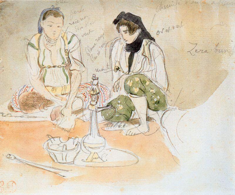 WikiOO.org - Encyclopedia of Fine Arts - Maleri, Artwork Eugène Delacroix - Two Arab Women Seated