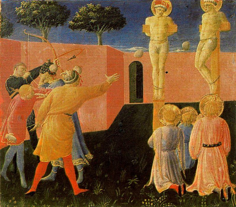WikiOO.org - Enciclopedia of Fine Arts - Pictura, lucrări de artă Fra Angelico - Cosme y Damián crucificados y apedreados