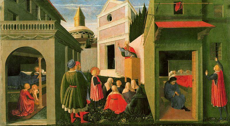 WikiOO.org - Encyclopedia of Fine Arts - Maalaus, taideteos Fra Angelico - El Nacimiento de San Nicolás, su vocación y la distribución de limosna