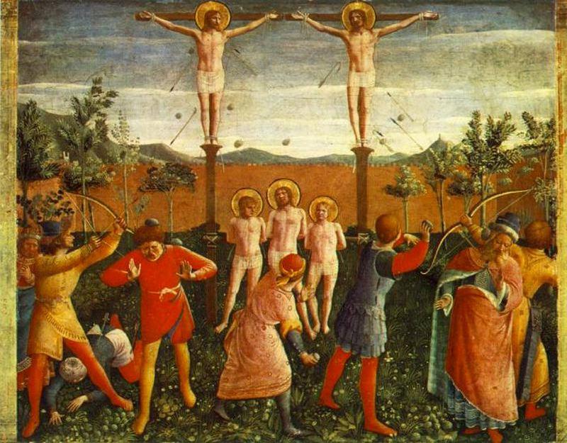 WikiOO.org - Encyclopedia of Fine Arts - Festés, Grafika Fra Angelico - Pala de San Marcos. San Cosme y San Damián crucificados y lapidados en vano