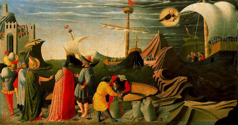 WikiOO.org - Enciclopédia das Belas Artes - Pintura, Arte por Fra Angelico - San Nicolás salva un barco en peligro y multiplica el maíz