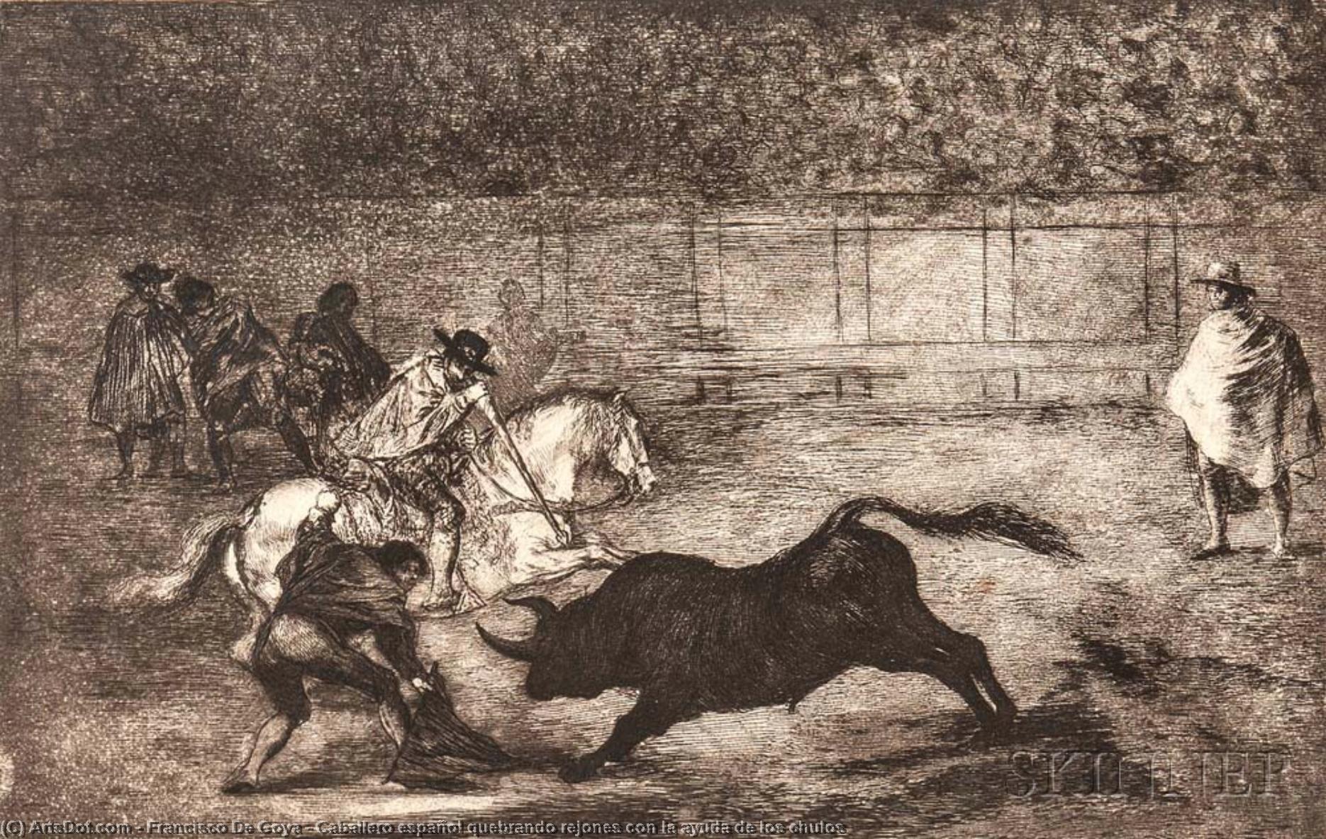WikiOO.org - Encyclopedia of Fine Arts - Maleri, Artwork Francisco De Goya - Caballero español quebrando rejones con la ayuda de los chulos