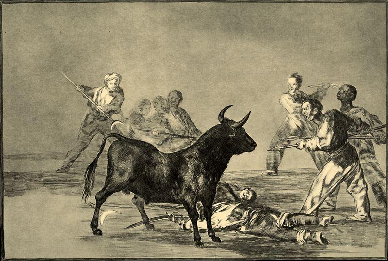 Wikioo.org - The Encyclopedia of Fine Arts - Painting, Artwork by Francisco De Goya - Desjarrete de la canalla con lanzas, medias-lunas, banderillas y otras armas