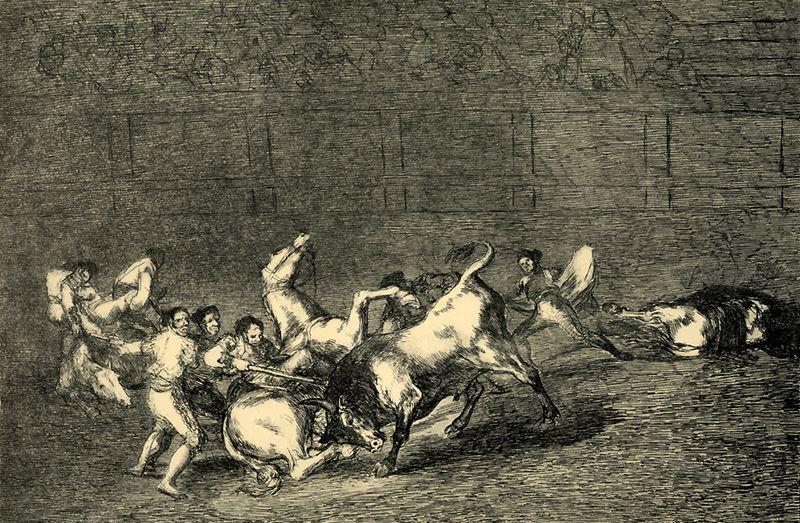WikiOO.org - Encyclopedia of Fine Arts - Maľba, Artwork Francisco De Goya - Dos grupos de picadores arrollados de seguida por un solo toro