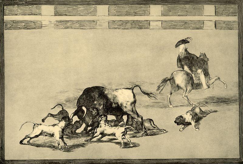 Wikioo.org – La Enciclopedia de las Bellas Artes - Pintura, Obras de arte de Francisco De Goya - Perros echan alabama toro