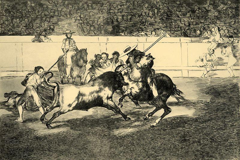 Wikioo.org - Bách khoa toàn thư về mỹ thuật - Vẽ tranh, Tác phẩm nghệ thuật Francisco De Goya - El esforzado Rendon picando un toro, de cuya suerte murió en la plaza de Madrid