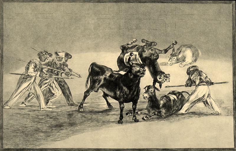 WikiOO.org - Encyclopedia of Fine Arts - Maalaus, taideteos Francisco De Goya - Palenque de los moros hecho con burros para defenderse del toro embolado