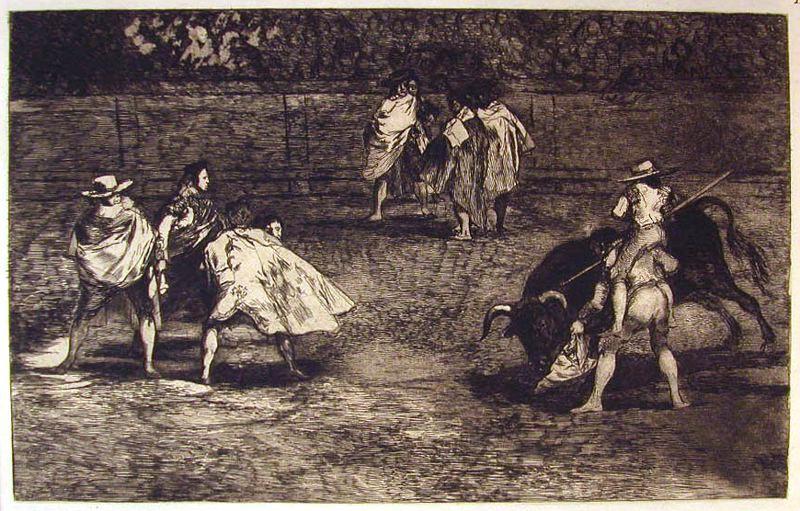 WikiOO.org - Encyclopedia of Fine Arts - Maleri, Artwork Francisco De Goya - Torero montado sobre las espaldas de un chulo lanceando un toro