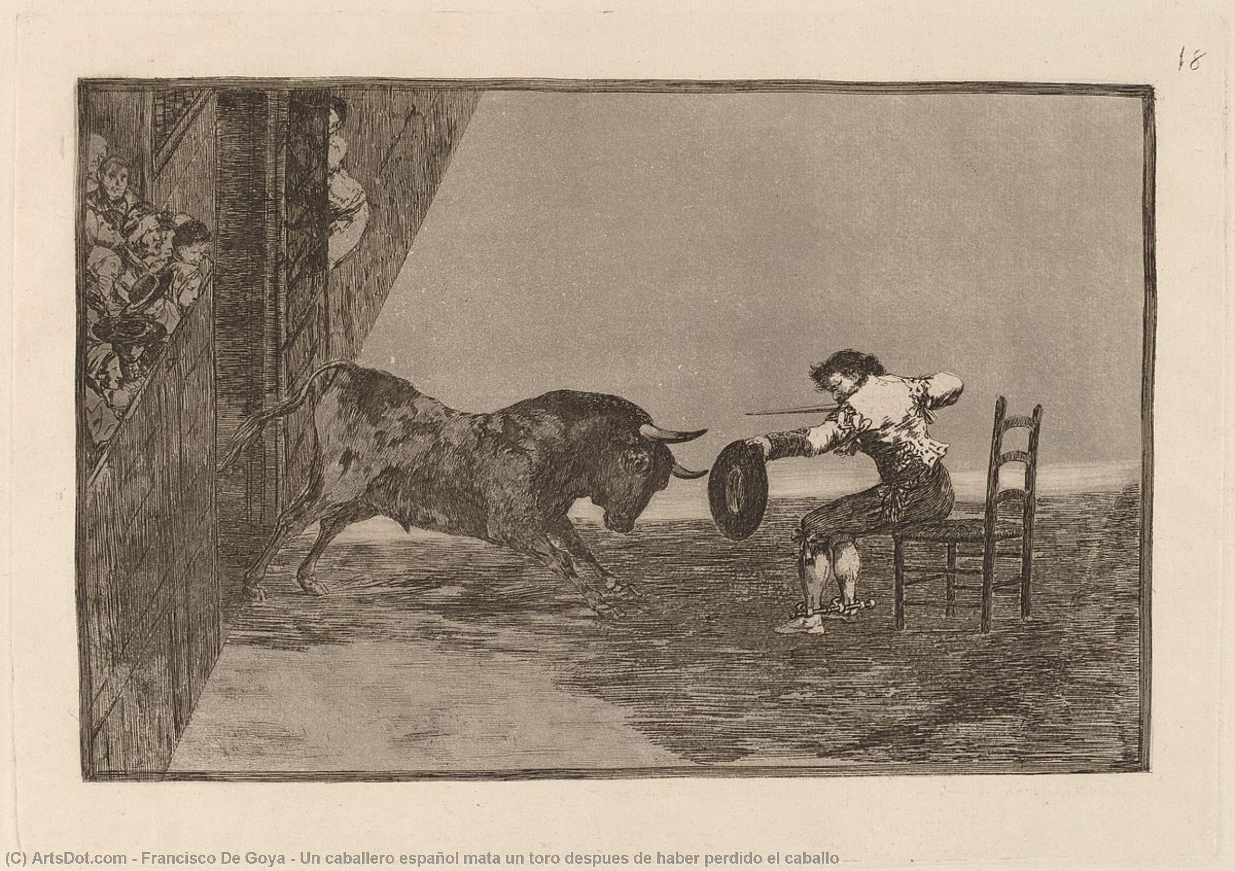 WikiOO.org - Enciclopédia das Belas Artes - Pintura, Arte por Francisco De Goya - Un caballero español mata un toro despues de haber perdido el caballo