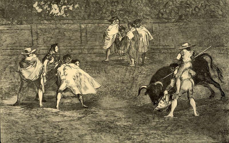 WikiOO.org - Enciclopedia of Fine Arts - Pictura, lucrări de artă Francisco De Goya - Un varilarguero montado a hombros de chulo pica la toro