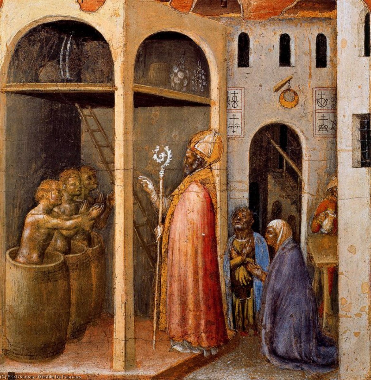 Wikioo.org - The Encyclopedia of Fine Arts - Painting, Artwork by Gentile Da Fabriano - Scenes from the Legend of Saint Nicholas of Bari. The Saint Raises Three Children Placed in Brine