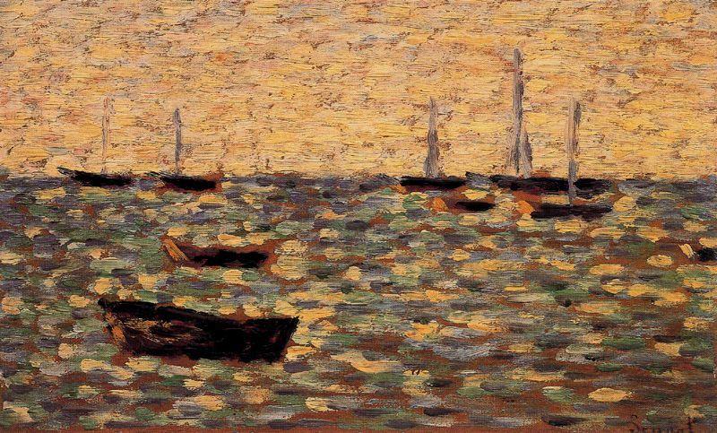 WikiOO.org - Encyclopedia of Fine Arts - Maleri, Artwork Georges Pierre Seurat - Fishing Boats and Barges, High Tide, Grandcamp