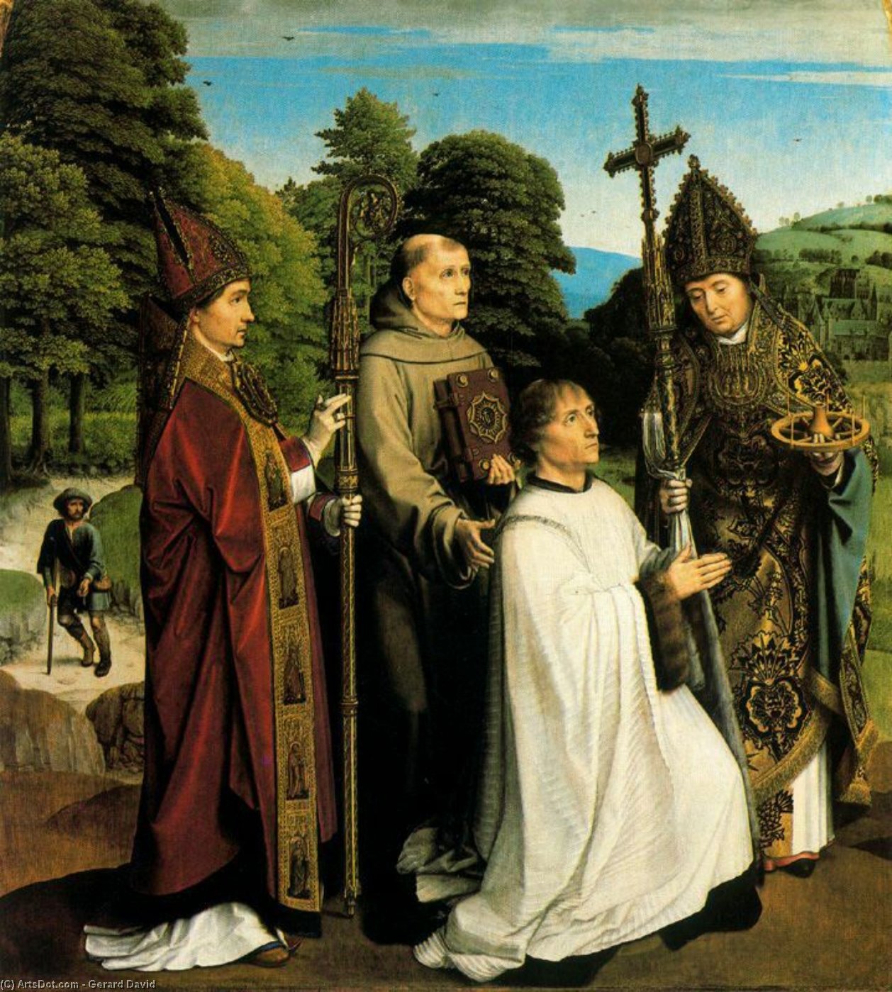 Wikioo.org - The Encyclopedia of Fine Arts - Painting, Artwork by Gerard David - Canon Bernardinus de Salviatis and Three Saints