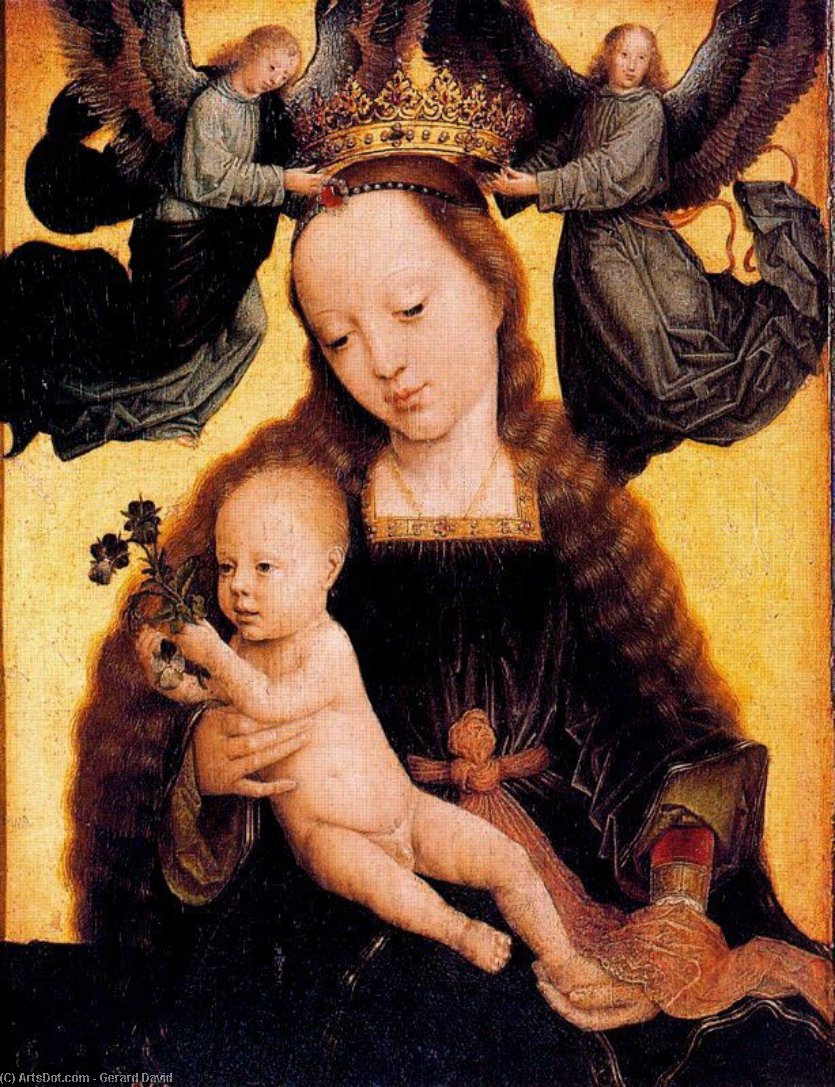 Wikioo.org - The Encyclopedia of Fine Arts - Painting, Artwork by Gerard David - The Virgin and Child with two angels crowning her
