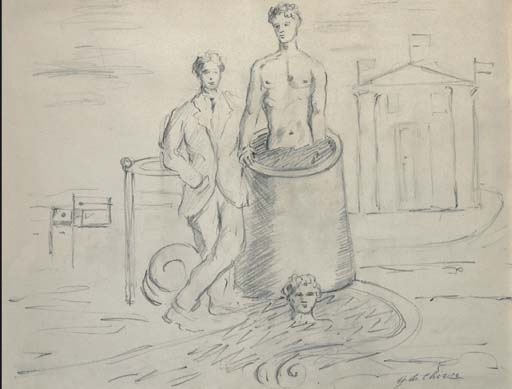 WikiOO.org - Encyclopedia of Fine Arts - Malba, Artwork Giorgio De Chirico - Borghese e bagnante nella vasca alta con tempietto