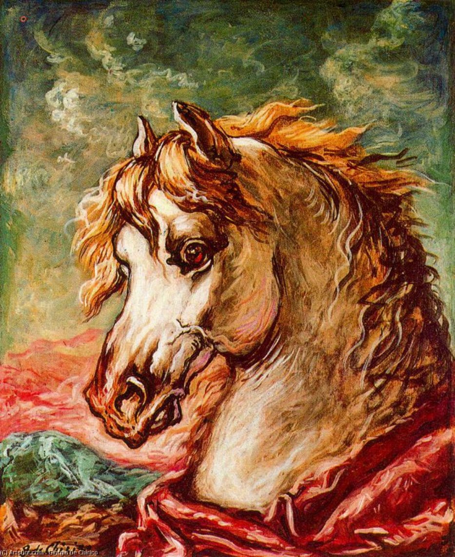 WikiOO.org - Enciclopédia das Belas Artes - Pintura, Arte por Giorgio De Chirico - Cabeza de caballo blanco con crines al viento