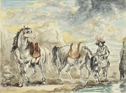 WikiOO.org - Encyclopedia of Fine Arts - Lukisan, Artwork Giorgio De Chirico - Cavalli che si abbeverano con cavaliere