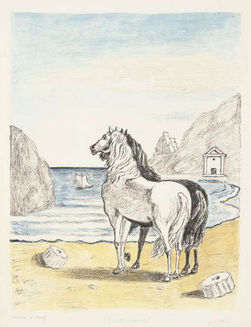 WikiOO.org - Enciclopedia of Fine Arts - Pictura, lucrări de artă Giorgio De Chirico - Cavalli in riva al Tirreno Paggio