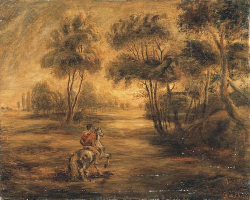 WikiOO.org - Encyclopedia of Fine Arts - Maleri, Artwork Giorgio De Chirico - Cavallo e cavaliere in un bosco