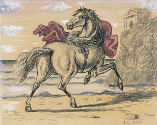 WikiOO.org - Enciklopedija likovnih umjetnosti - Slikarstvo, umjetnička djela Giorgio De Chirico - Cavallo fuggente con tempio