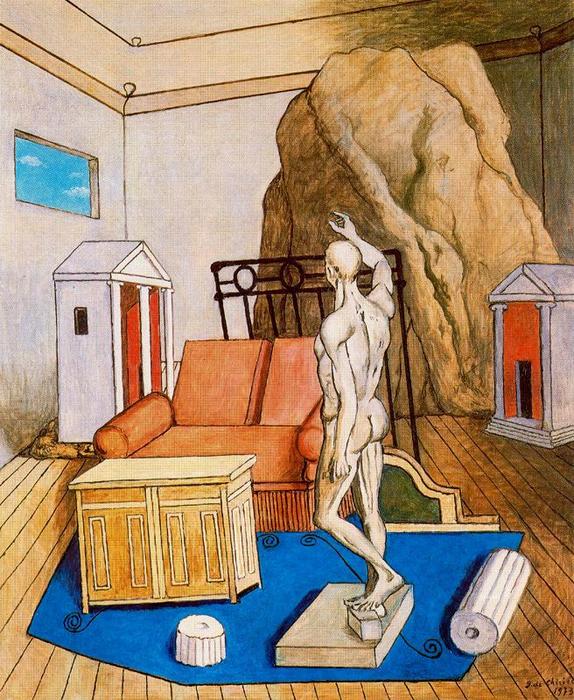 Wikoo.org - موسوعة الفنون الجميلة - اللوحة، العمل الفني Giorgio De Chirico - Furniture and rocks in a room