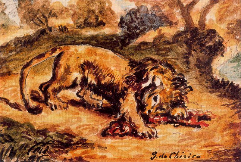 Wikioo.org - Die Enzyklopädie bildender Kunst - Malerei, Kunstwerk von Giorgio De Chirico - Lion verschlingt ein Stück Fleisch
