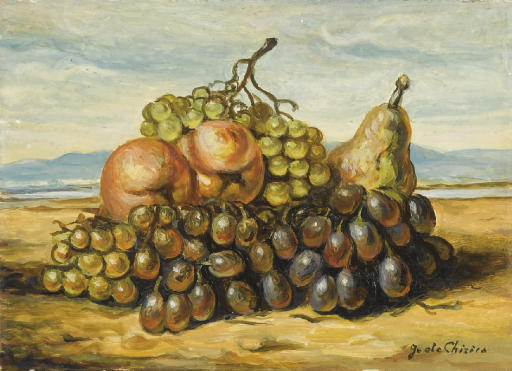 WikiOO.org - Encyclopedia of Fine Arts - Maalaus, taideteos Giorgio De Chirico - Natura morta con uva, pere e mele