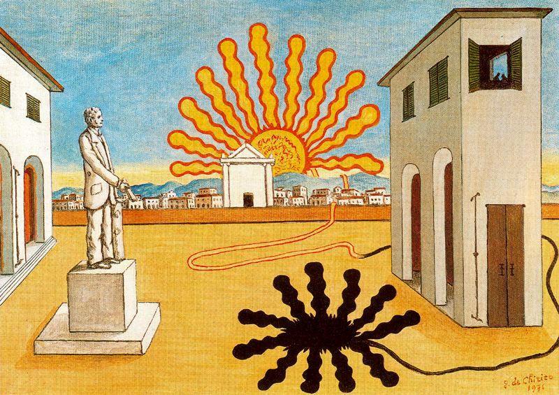Wikioo.org - The Encyclopedia of Fine Arts - Painting, Artwork by Giorgio De Chirico - Rising sun on the plaza