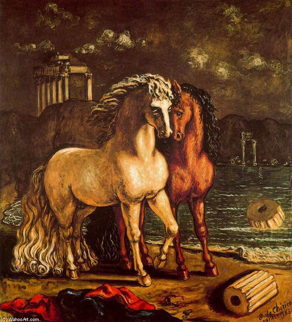 Wikioo.org – La Enciclopedia de las Bellas Artes - Pintura, Obras de arte de Giorgio De Chirico - Los caballos divinos de Aquiles. Balios y Janto