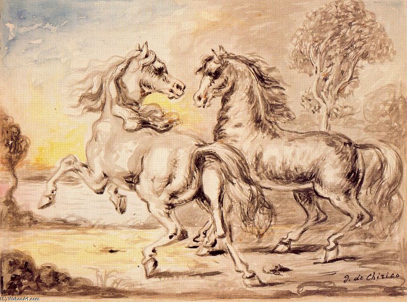 WikiOO.org - Encyclopedia of Fine Arts - Maleri, Artwork Giorgio De Chirico - Two horses in a town