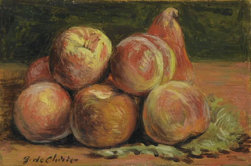 WikiOO.org - Encyclopedia of Fine Arts - Maleri, Artwork Giorgio De Chirico - Vita silente di frutta su un tavolo
