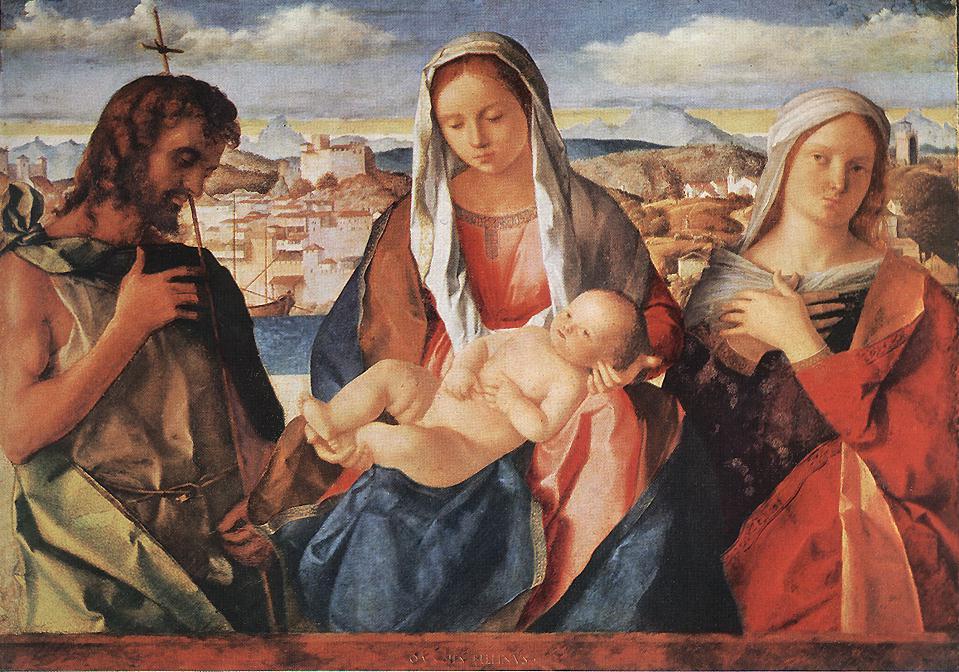 Wikioo.org - The Encyclopedia of Fine Arts - Painting, Artwork by Giovanni Bellini - Madonna and Child with St. John the Baptist and a Saint