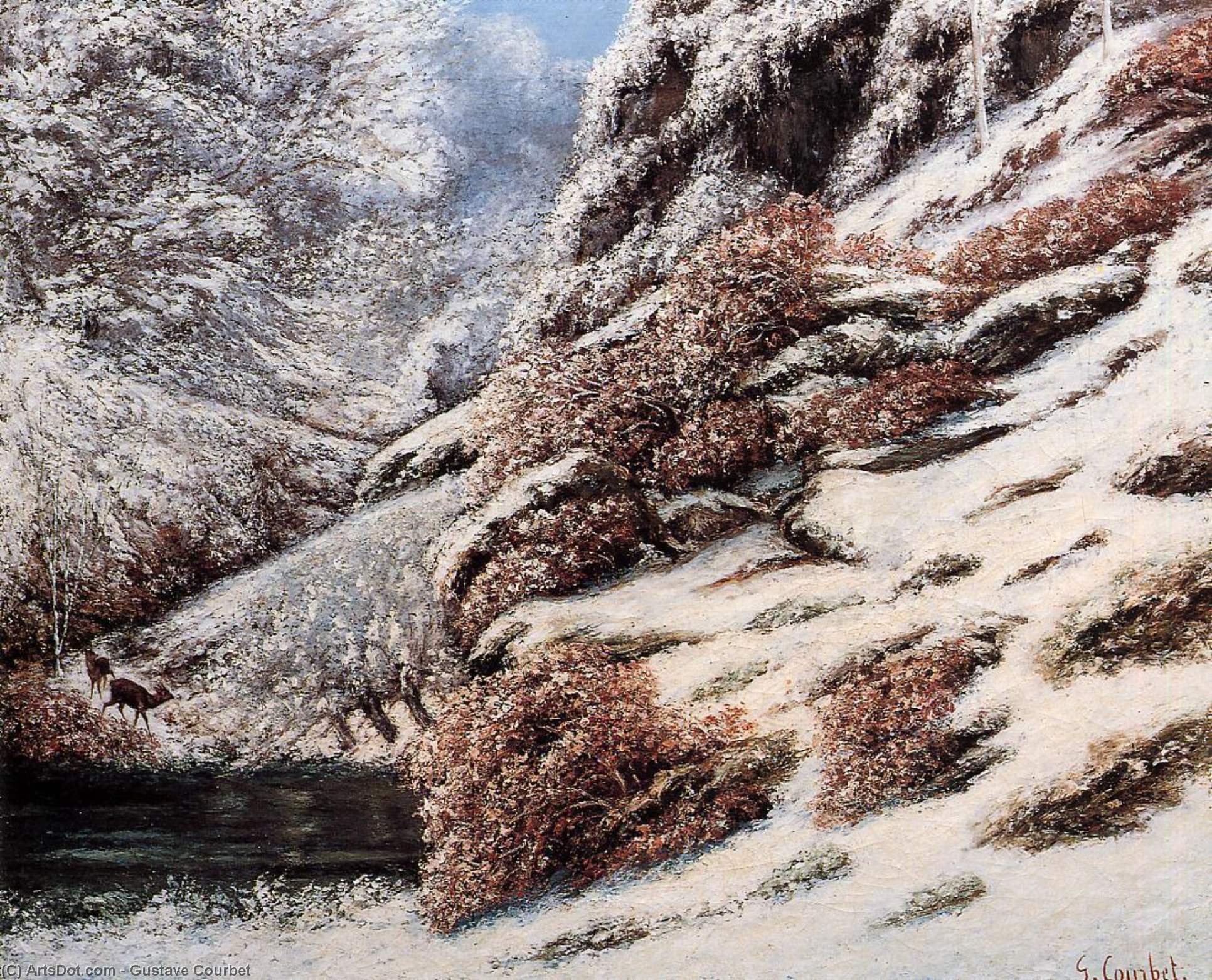 Wikioo.org – L'Encyclopédie des Beaux Arts - Peinture, Oeuvre de Gustave Courbet - cerfs dans une  neigeux  Paysage