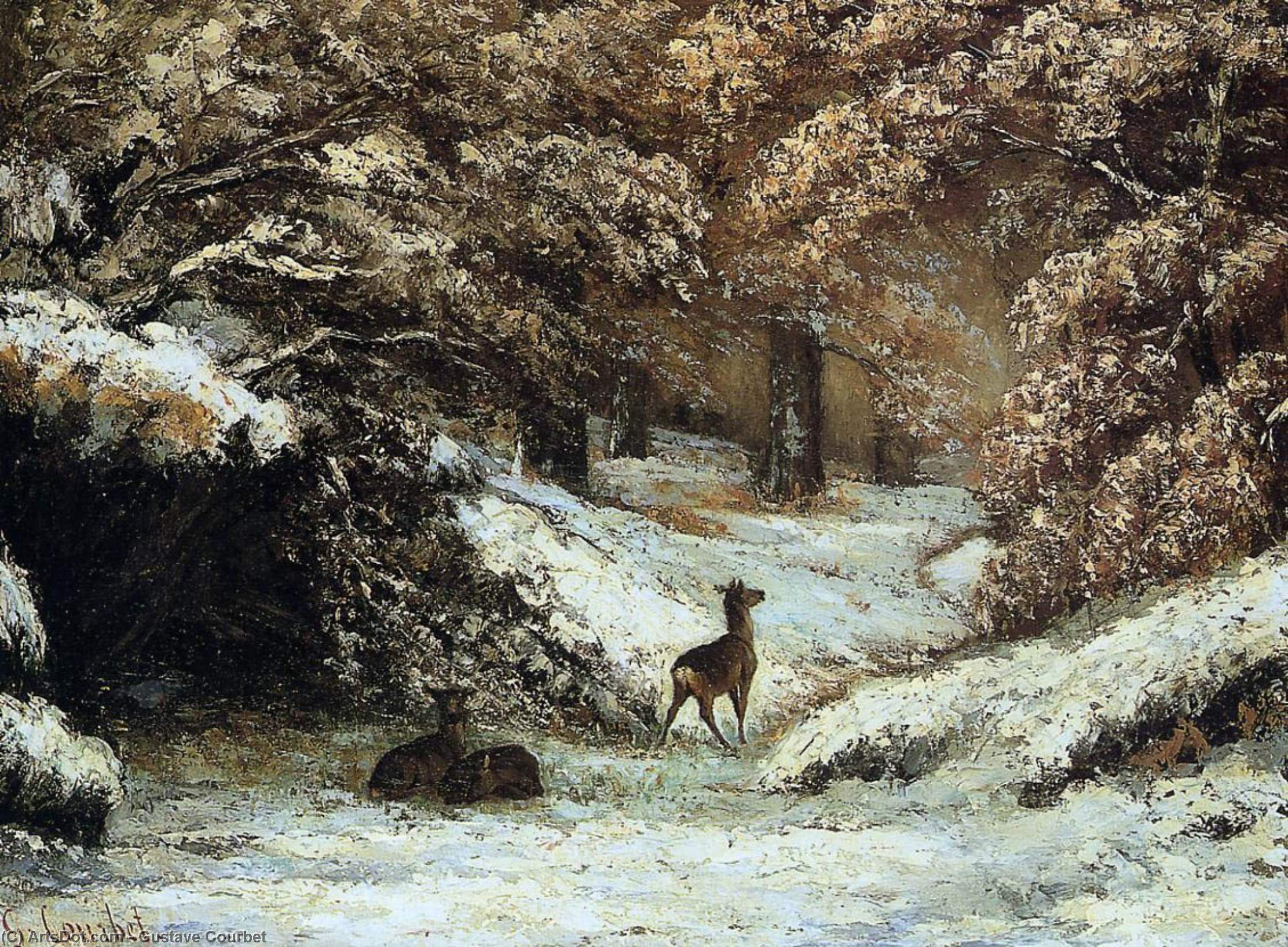 Wikioo.org – La Enciclopedia de las Bellas Artes - Pintura, Obras de arte de Gustave Courbet - Ciervo refugiándose en invierno