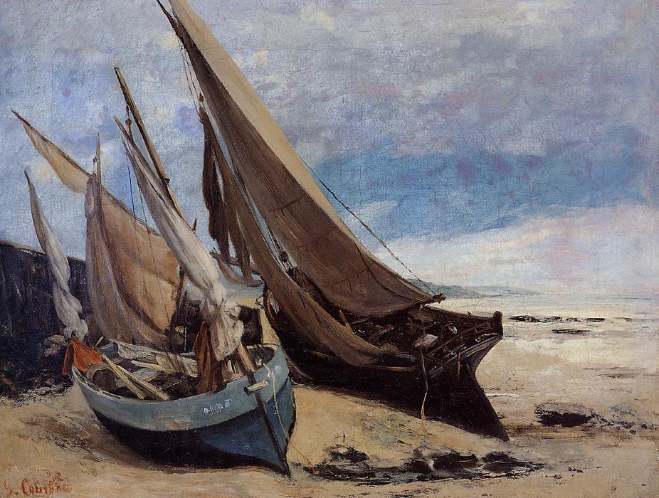 Wikioo.org – L'Enciclopedia delle Belle Arti - Pittura, Opere di Gustave Courbet - barche da pesca su  dopodomani  Barche Deauville  spiaggia